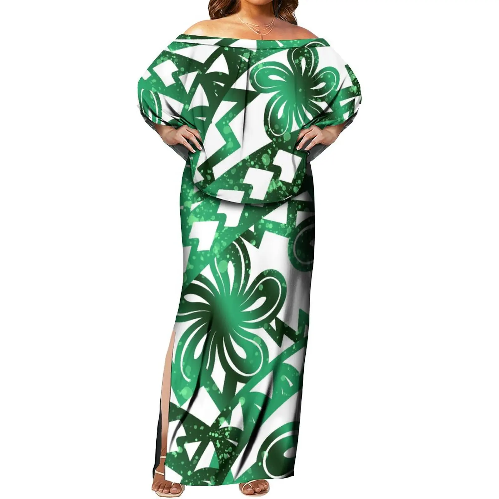 Wholesale Price Hawaii Polynesian High Quality Maxi Dresses Slit Layered Ruffle Off Shoulder Dress Plus Size 6XL Womens Clothing