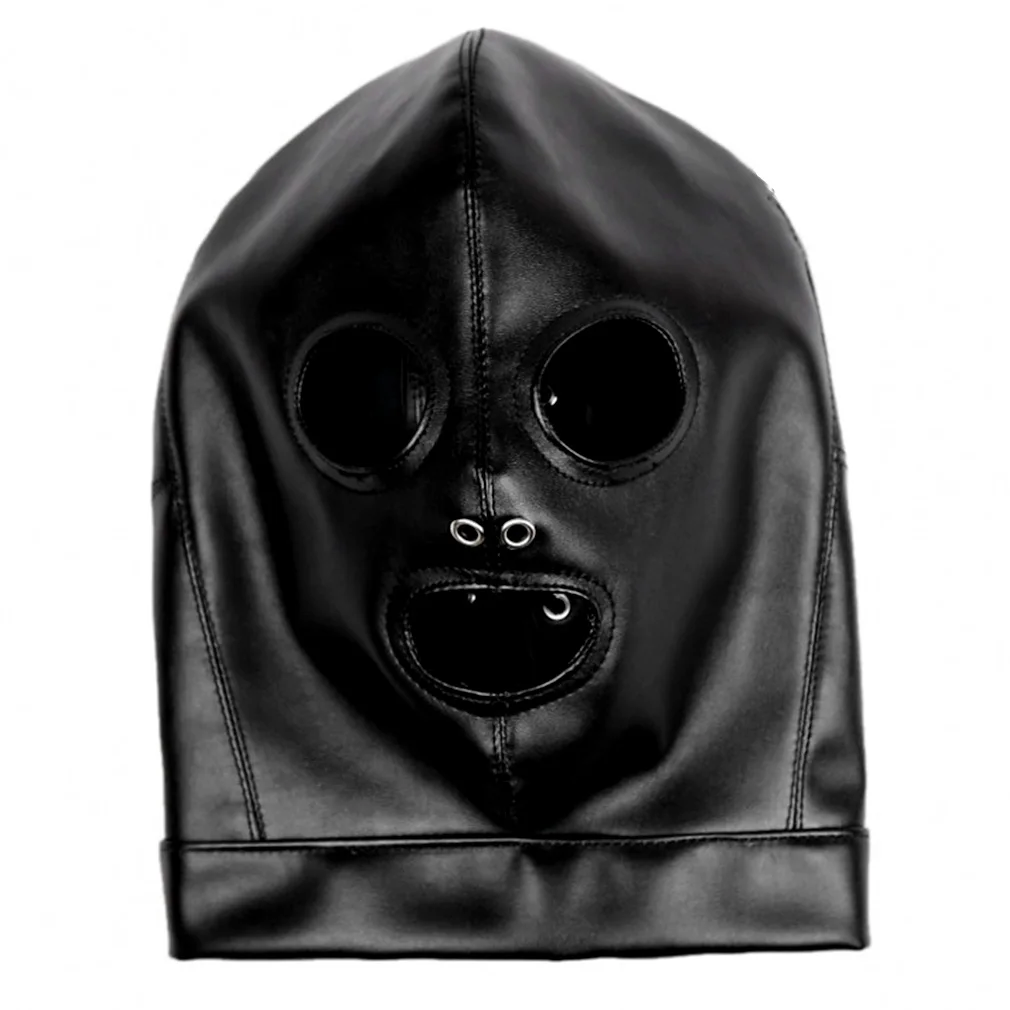 Full Cover Leather Mask Black  Open Eyes Open Mouth Cosplay Costume Hood Unisex Plus Size Underwear