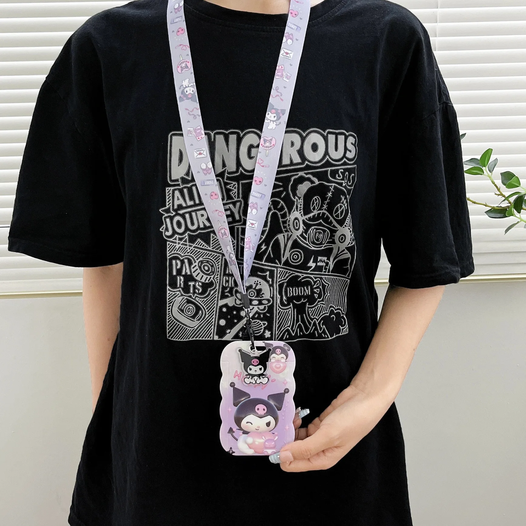 Marble patterned SANRIO long rope hanging neck chest card, student campus card holder, bus and subway Octopus card holder