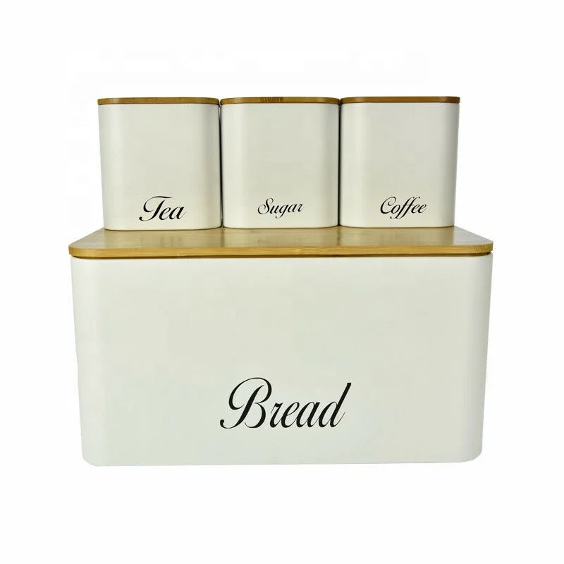 Food Safe Vintage Farmhouse Kitchen Countertop Storage Metal Bread Bin Tea Coffee Sugar Canister Set Bamboo Lid White Bread Box