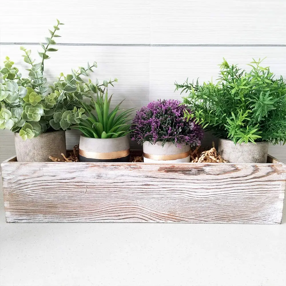Wood Planter Box Rectangle Whitewashed Wooden Rectangular Planter Decorative Rustic Wooden Box with Inner Plastic Box