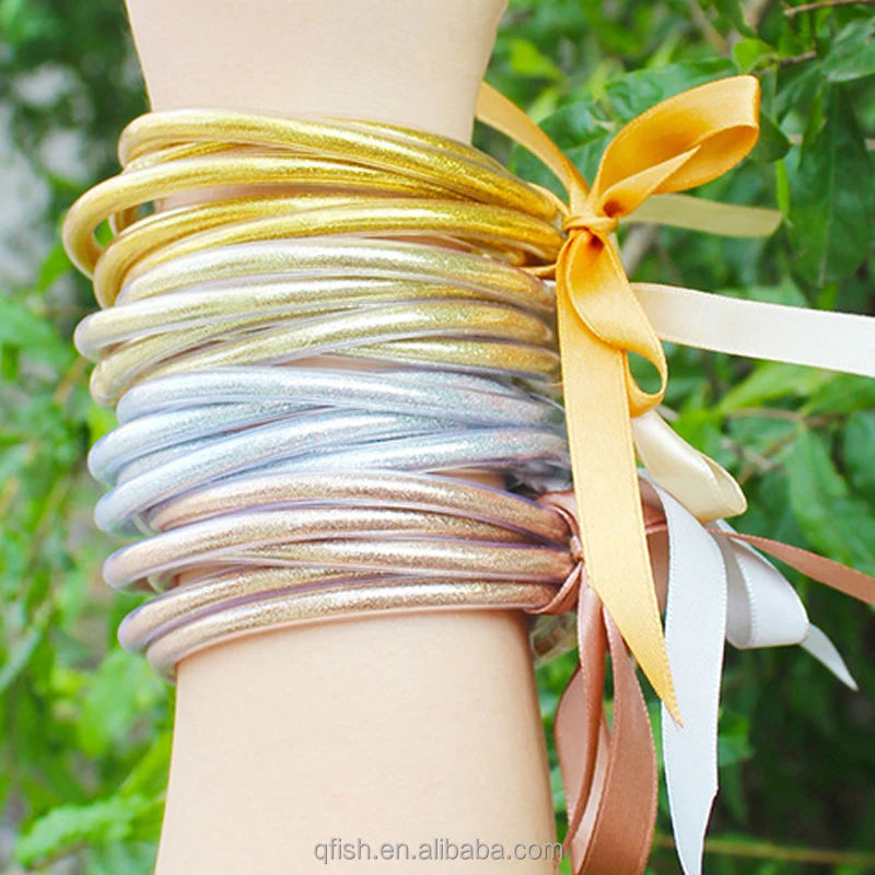 5 Pieces Sets Silicone Plastic Bling Stackable Multilayer Wristband Bangle Glitter Filled Jelly Bangle Bracelets