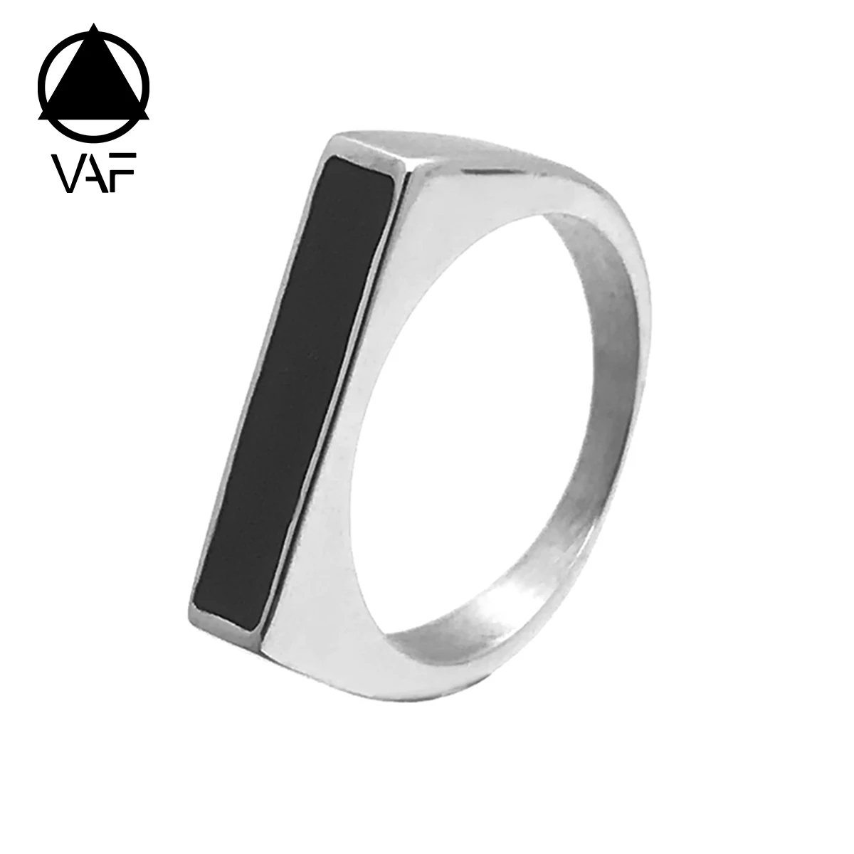 VAF Black Enamel Rectangle Signet Ring Statement Stainless Steel 925 Silver Stamp Ring For Men