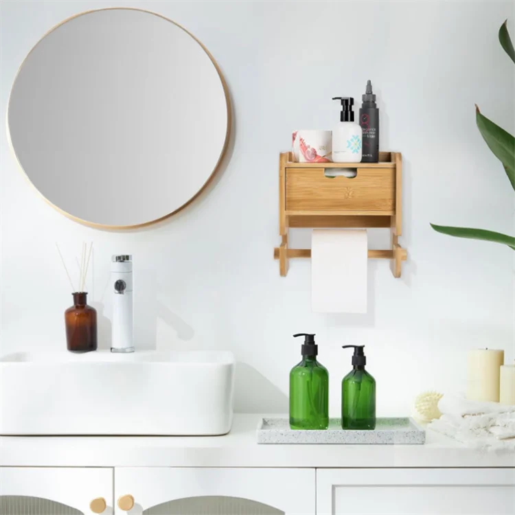 Wall-Mounted Bamboo Toilet Paper Holder with Shelf and Storage Organizer for Office Metal and Plastic Material