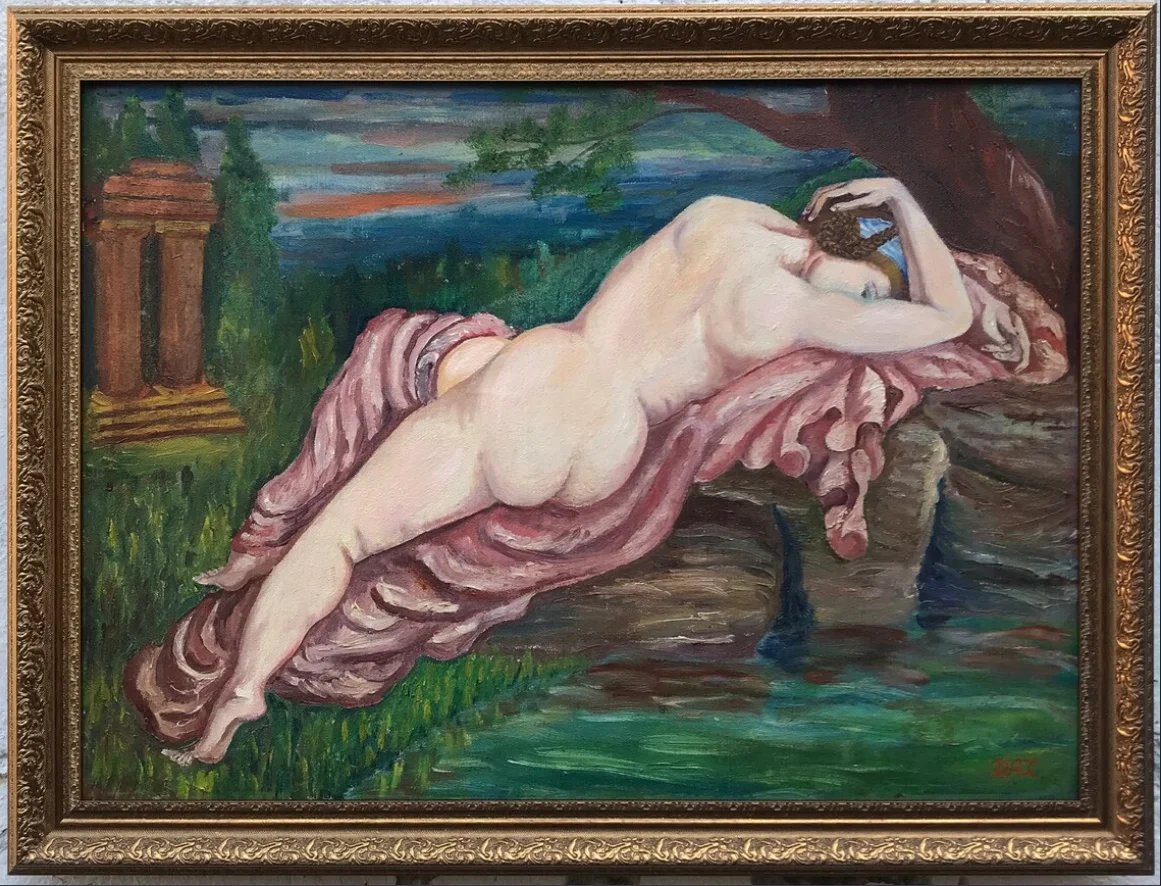Vintage Handmade Original Nude Naive Evening Fat Woman Girl Erotic Landscape Trees Oil Painting for Home Hotel Wall Art Decor