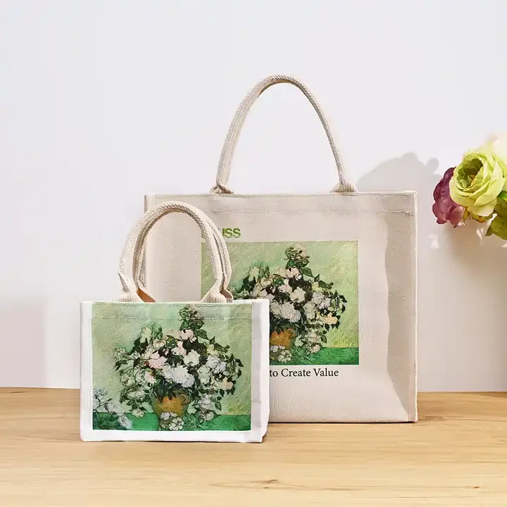 Wholesale sublimation color custom classic printed handbag beach bag cotton canvas tote shopping bag with zipper pocket button