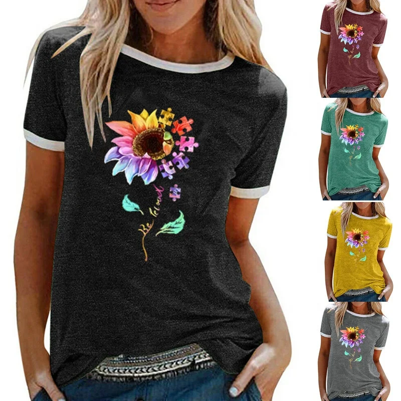 2021 Summer Women Vintage Flower Print Shirts Womens Blouse Short Sleeve T Shirts And Tops Sunflower Shirts