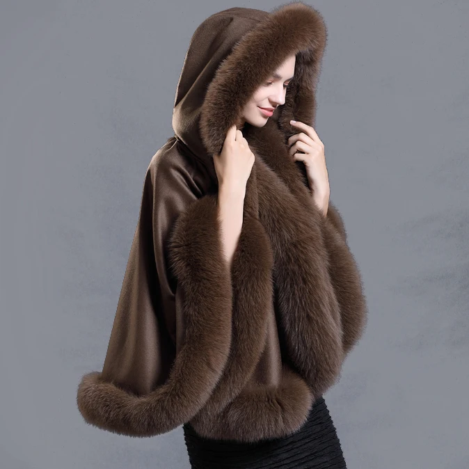 CX-B-P-66C новое зимнее осеннее пальто Женская шаль из лисы шерстяная накидка с меховой отделкой пончо