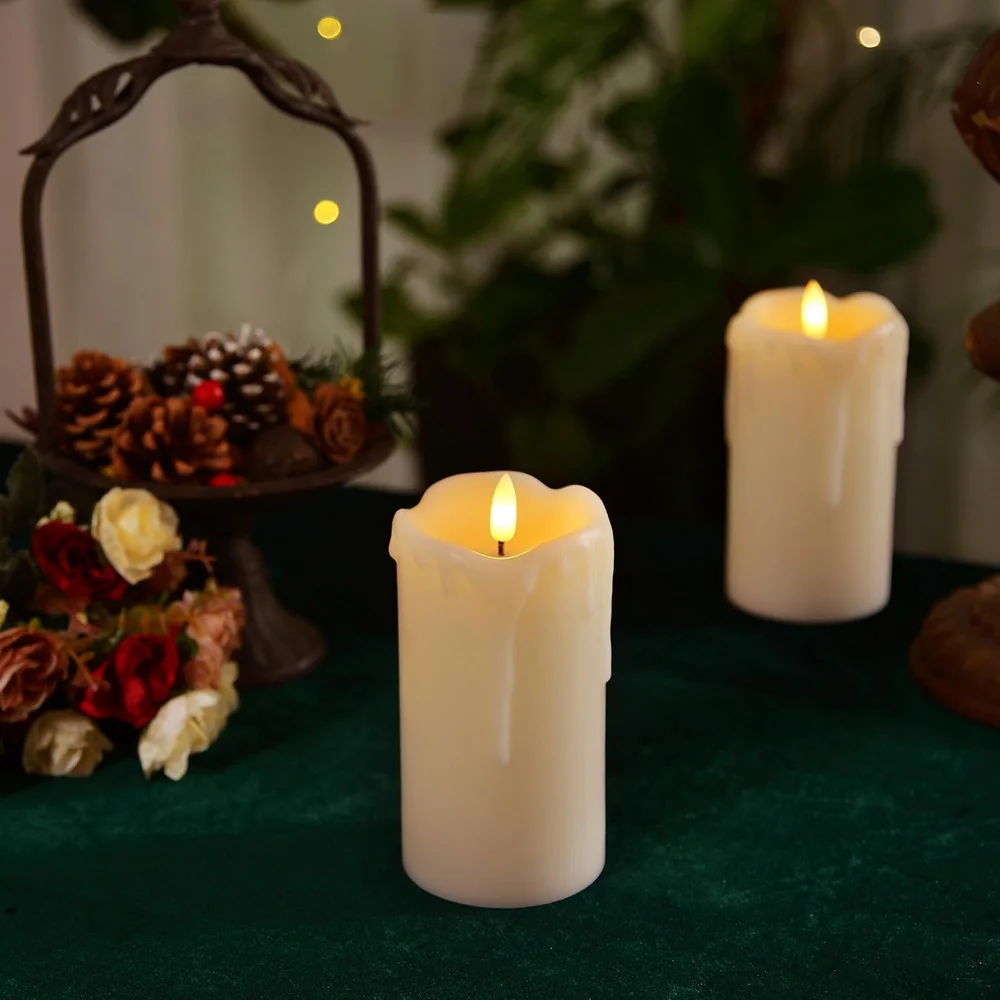 Set 2 Christmas 3D Patterned Pillar LED Candles Remote Control Battery Powered Flameless Flickering Wax Wedding Home Decoration