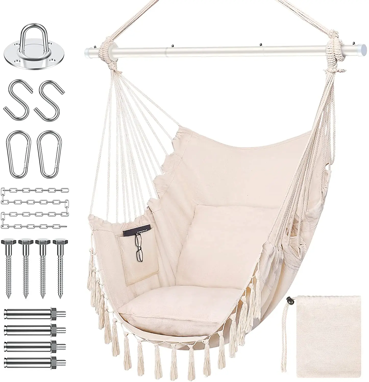 
Macrame swing Chair with Pocket hammock Sturdy Cotton Canvas Hanging Hammock chair 