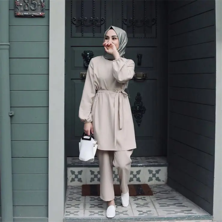 Women Spring indonesia Muslim clothing Casual belted ethnic Top Long Robe with Pant Two Piece Elegant Outfit Set