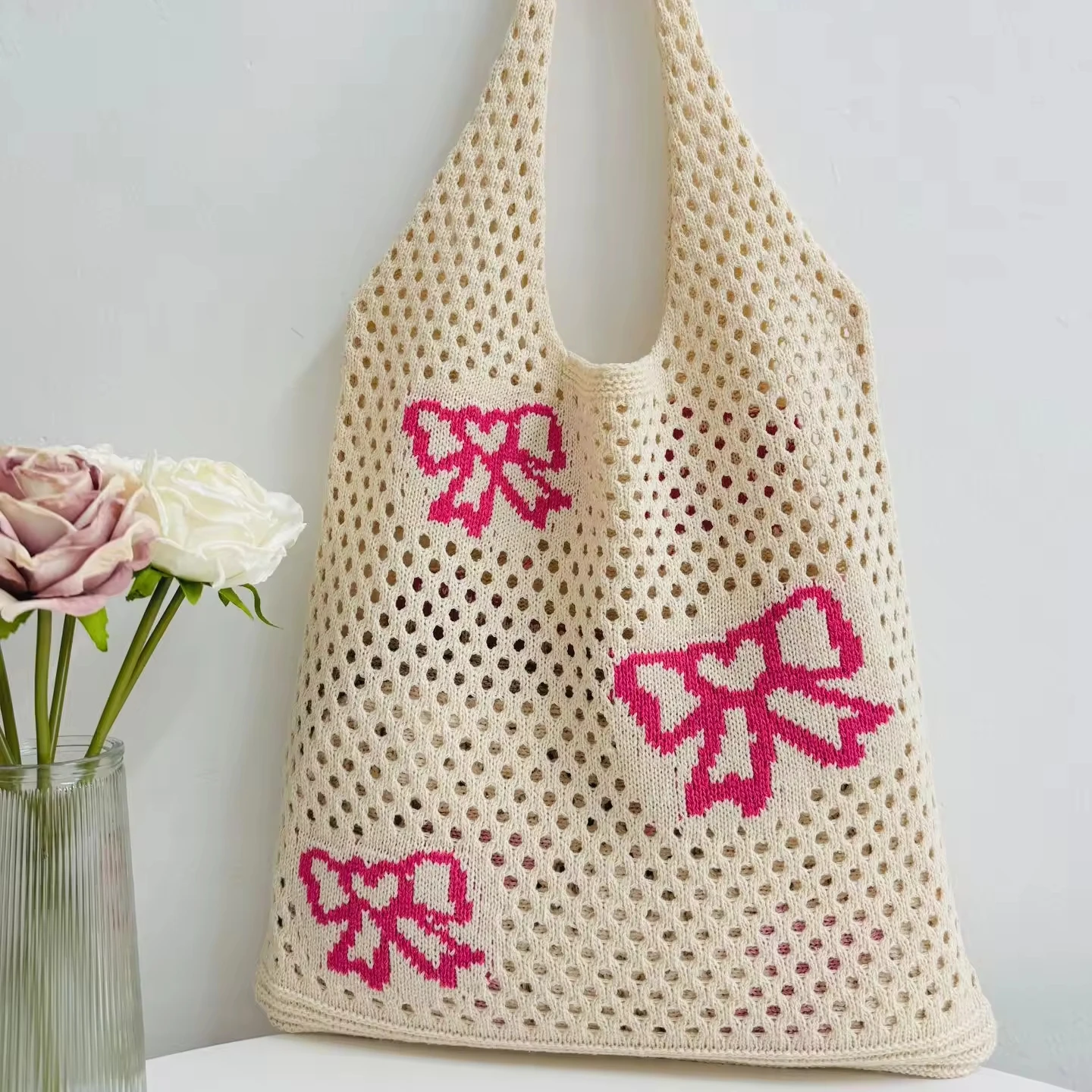 2024 Wholesale Cotton Knitted Shoulder Handbag Crochet Purse Handmade Women Woven Bow Beach Bag