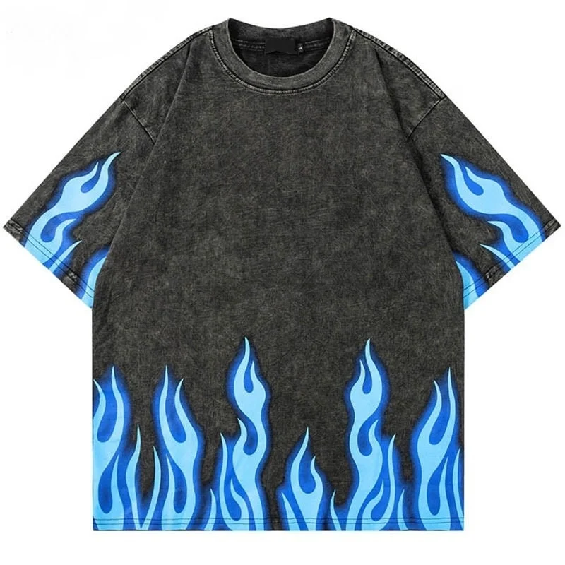 wholesale price heavyweight cotton Fire printing logo Streetwear oversized fit Y2K mens Washed T Shirt
