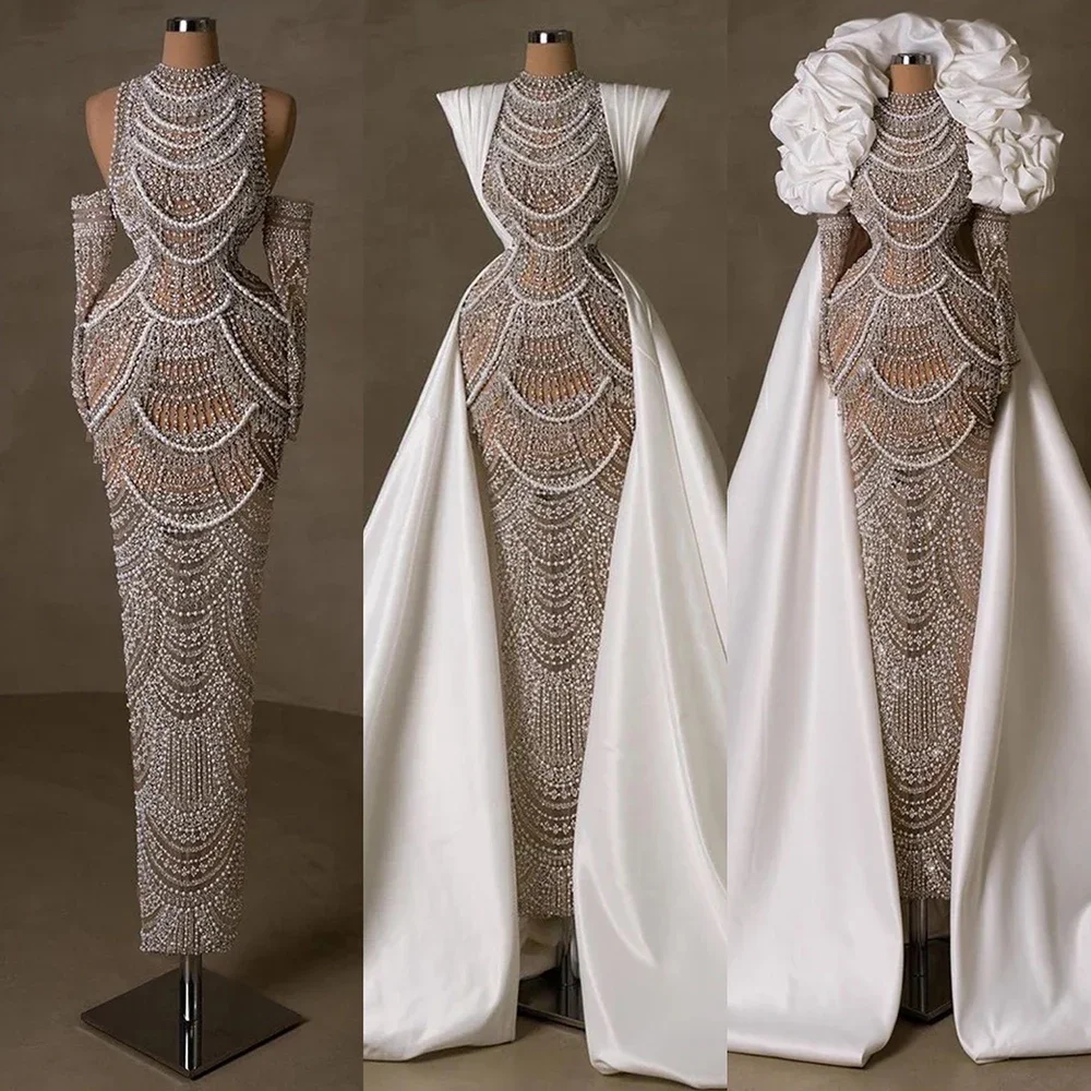 Arabia Nude White Sheath Pearls Beaded Luxury For Women Wedding Party Gowns 2024 Elegant Dubai Evening Dresses