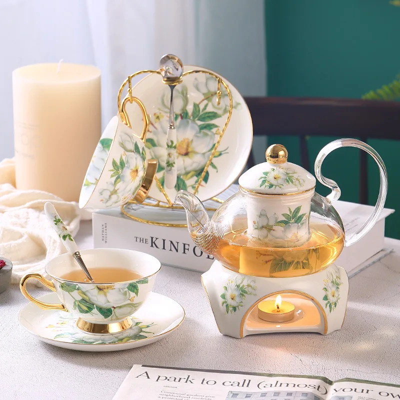 2024 High Quality Boiled Glass Teapot Flower Tea Set English Afternoon Tea Coffee Tea Cup With Candle Heating Base Gift Box