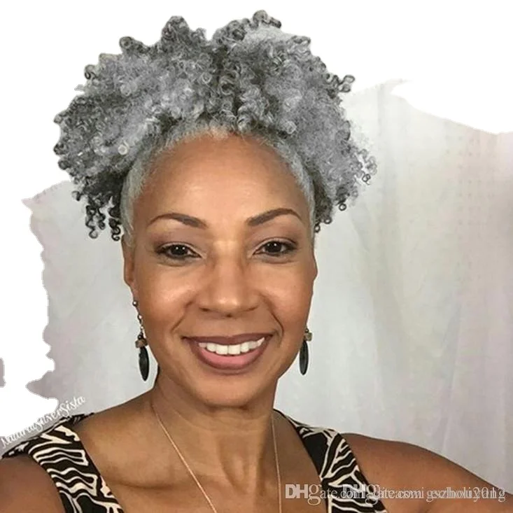 Salt &pepper Silver grey 100% Brazilian virgin Human Hair short high puff updo chigon gray  Kinky Curly hair ponytail 120g