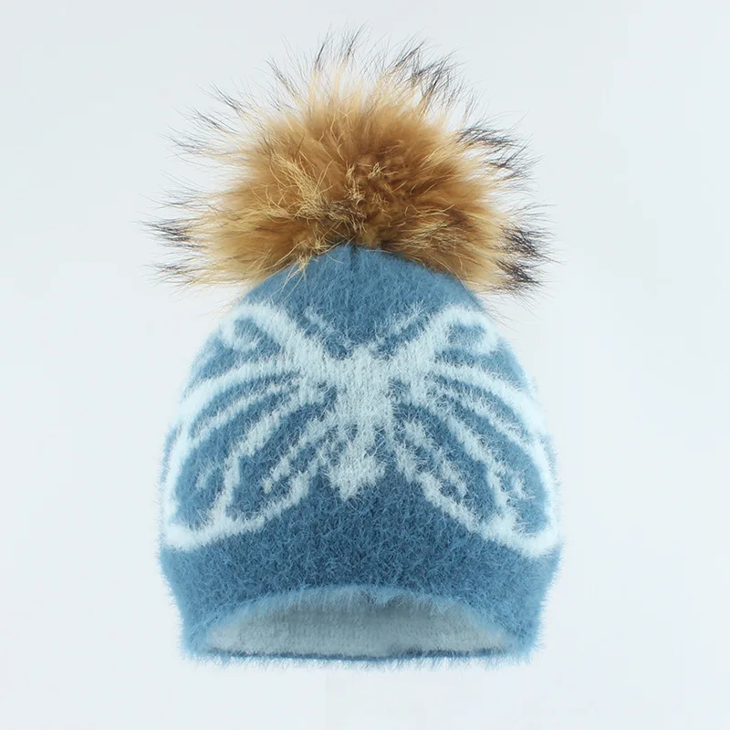 FF3090 Woman Pom Pom Beanie Hats Ski Snow Skull Caps Warm Butterfly Jacquard Knitted Beanies Cap Fuzzy Furry Fluffy Winter Hats