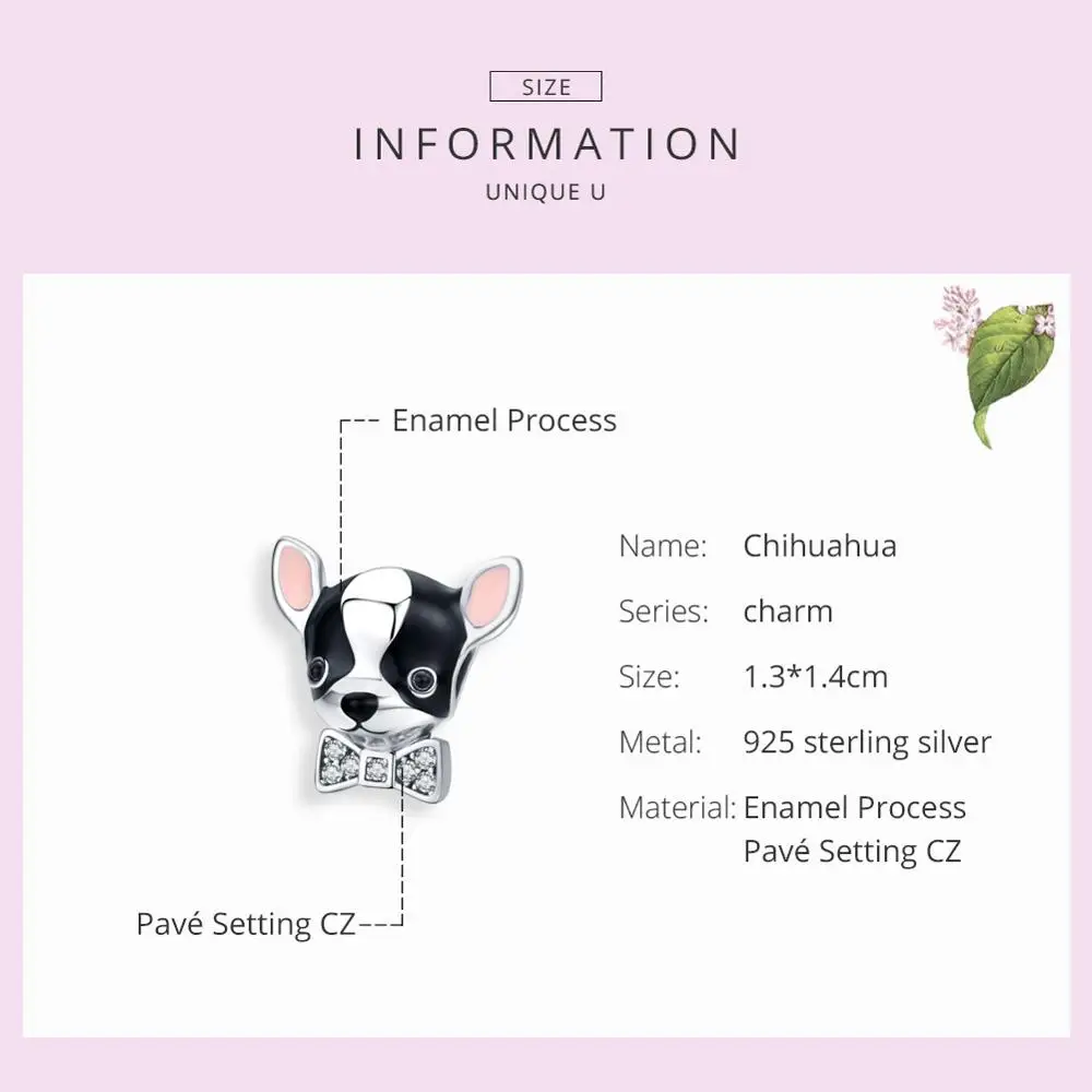 Qings  Chihuahua Animal Charm Beads, 925 Sterling Silver Shiny CZ Dog Enamel Pendant,  Bracelet Necklace for  Girls