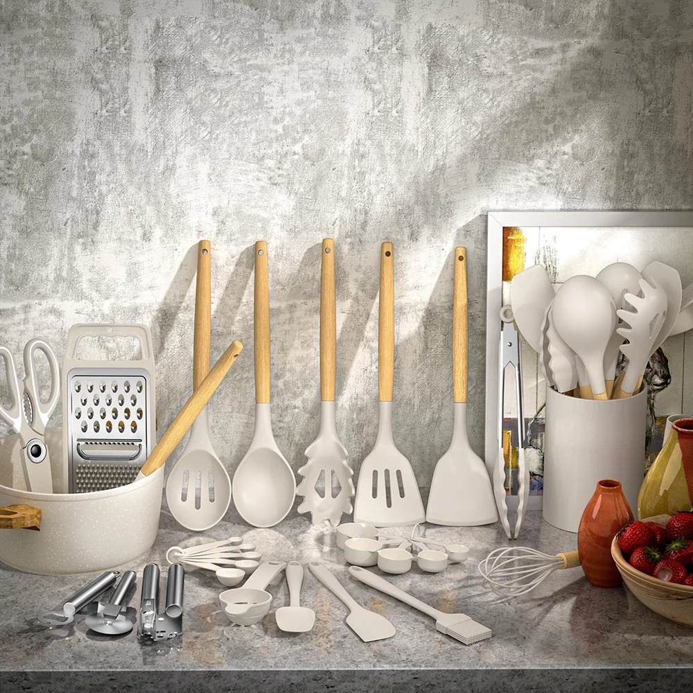 High quality Kuchenutensilien kitchen tools wooden silicone kitchen utensils set cooking utensils set silicone kitchen utensils