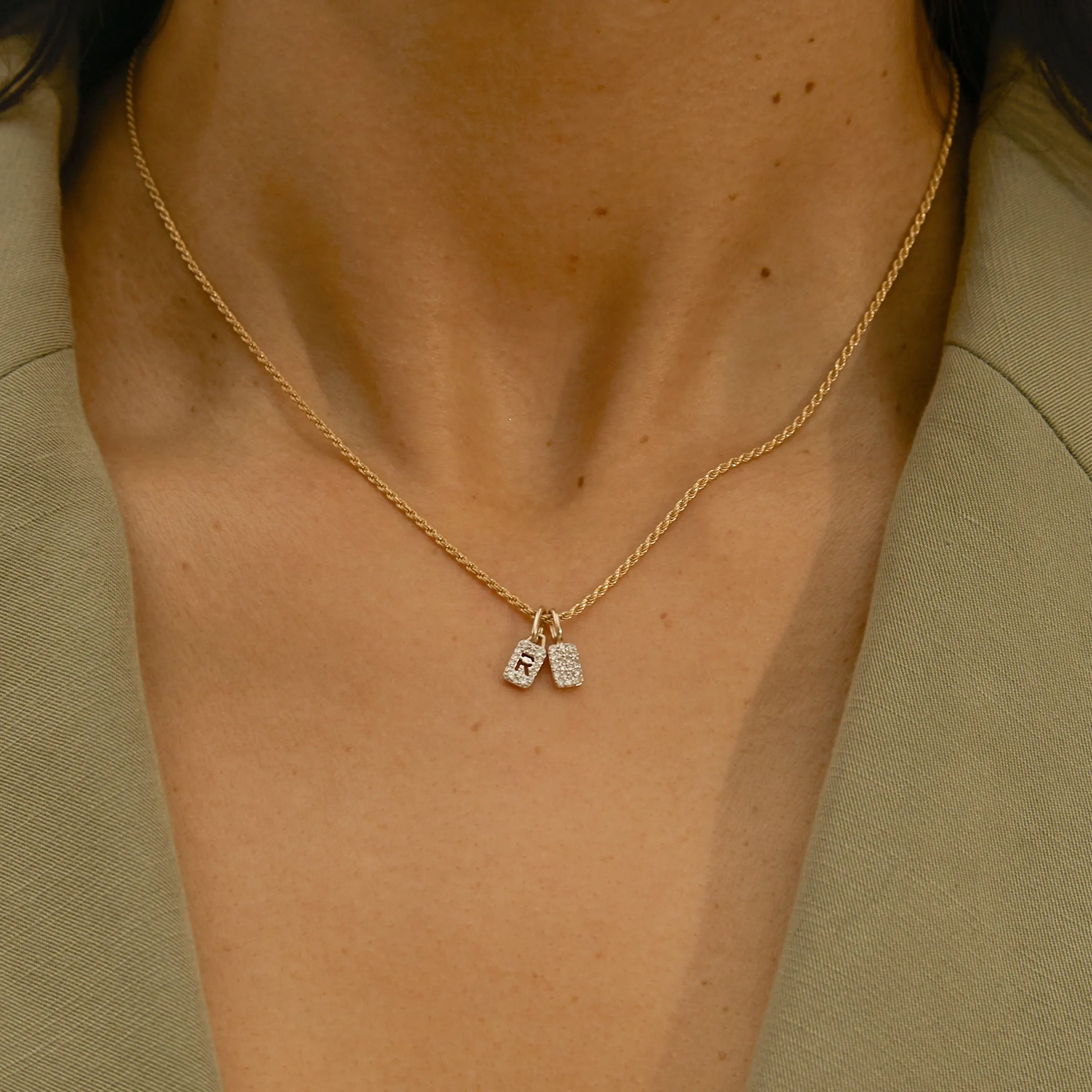 Rectangle 18K Gold Plated Tiny Micron Pave White CZ Tag 925 Sterling Silver Letter Pendant