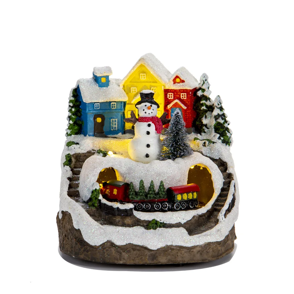 Xmas Navidad Resina Personalized Resin Christmas Ornaments Christmas Glowing Snow House Music Box With Rotating Train