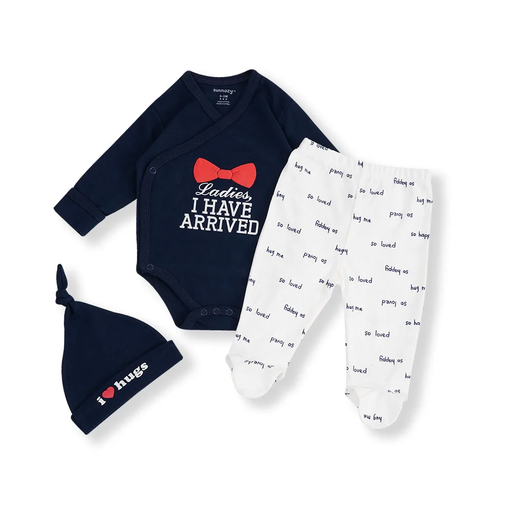 Wholesale Hot Selling long Sleeve romper  hat pants  Cotton Baby Clothes  3 Pcs Outfits Infant Clothing Set