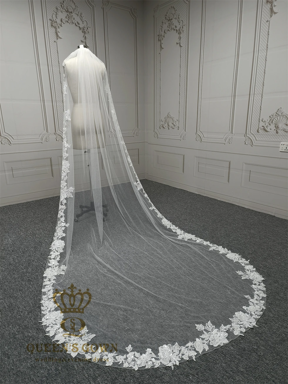 QUEENS GOWN New elegant embroidery lace trim wedding veil 3m long singler layer fancy sequin lace bridal veil with comb