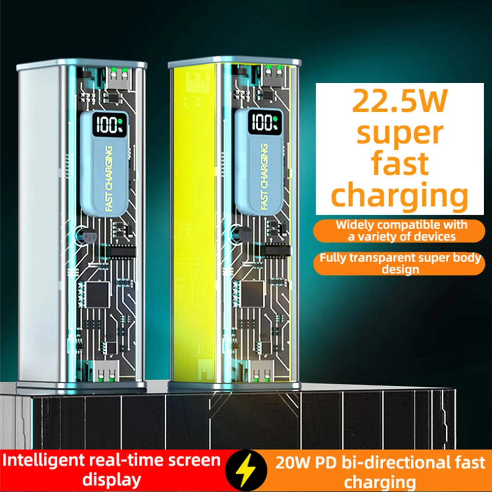 Two Way PD20W 20000mah 22.5W QC PD PPS Multiprotocol Transparent LED Digital Display 21700 Battery DIY Fast Charge Power Bank