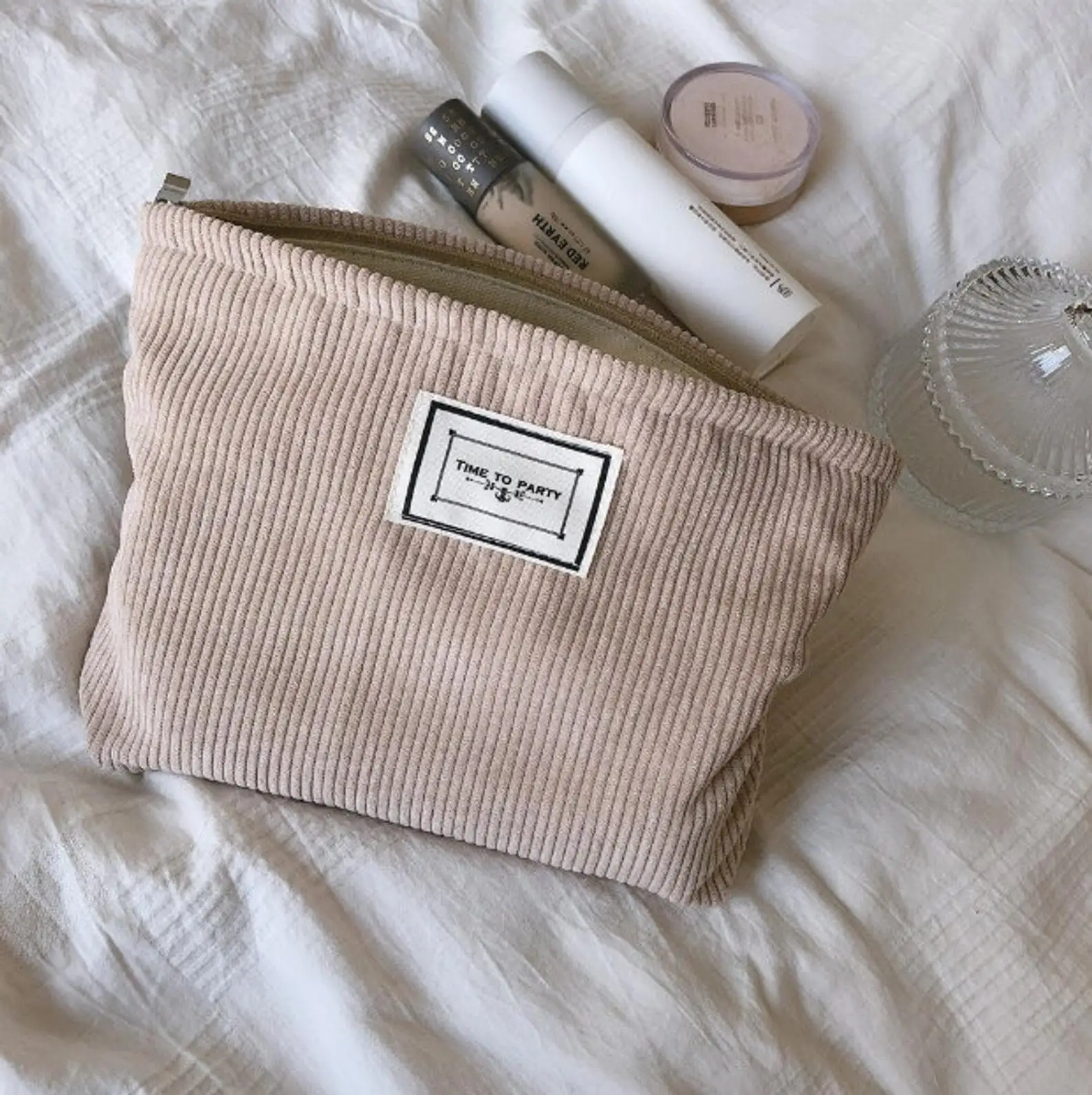 Soft Corduroy Velvet Beige Zipper Large Capacity Cosmetic Bag Clutch Bag Personalized Makeup Bag Pouch