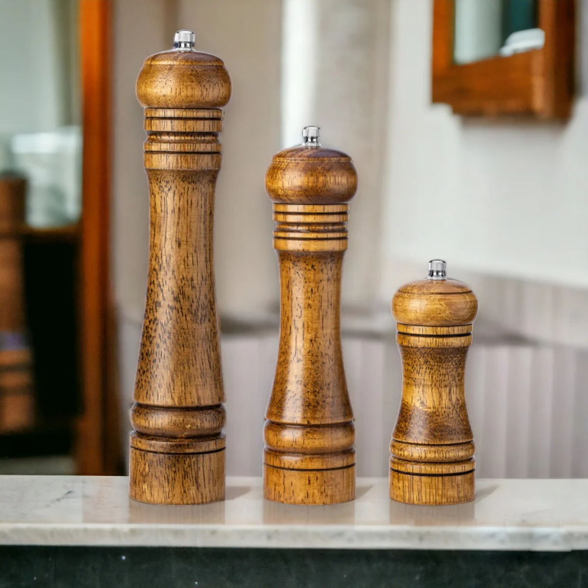 2024 Hot Sale Kitchen Tools 100% Nature Organic Wooden Spice Pepper Mill Custom Logo Manual Wood Salt and Pepper Grinder Set