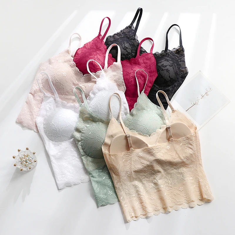 
New design Southeast Asia hot selling women V neck gather bottoming underwear one piece seamless bra long style lace camisole 