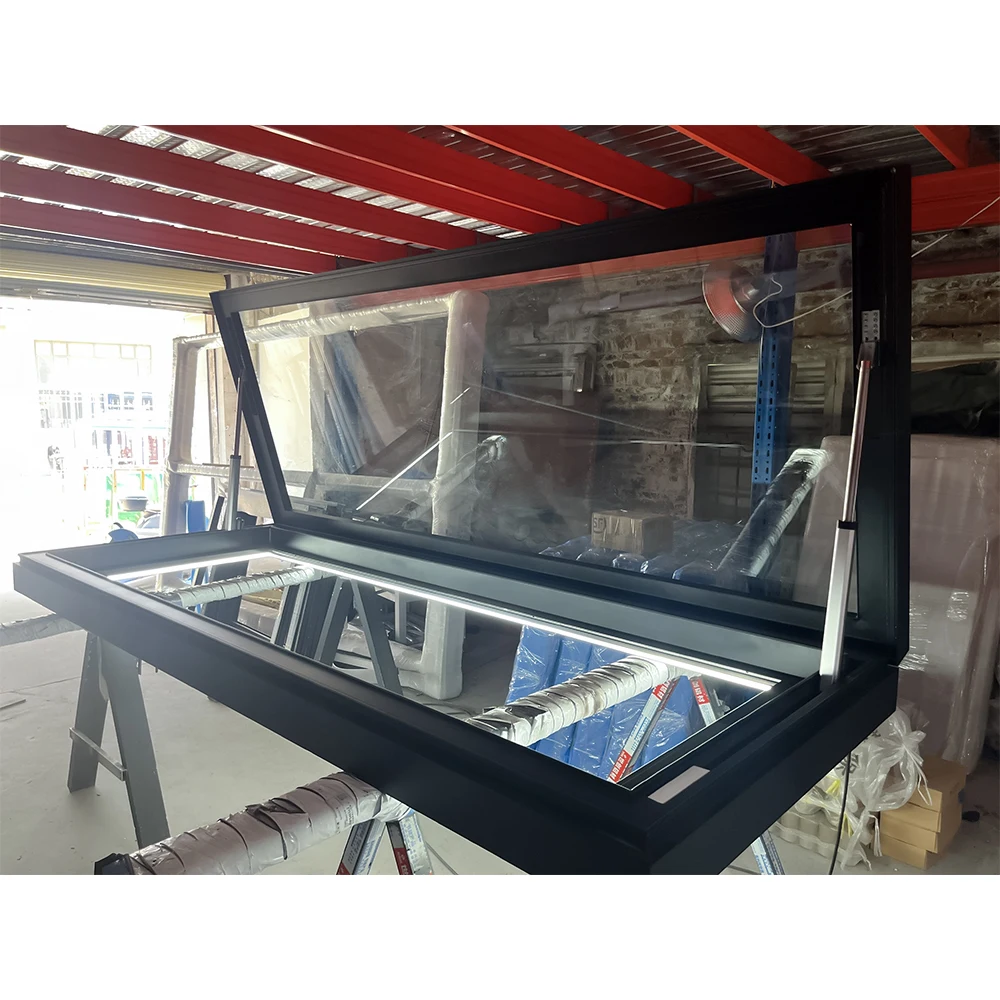 Custom Automatic Large Gast Strut Awning Roof Access Hatch With Tempered Glass Top Hung Aluminum Roof Skylight With LED Light