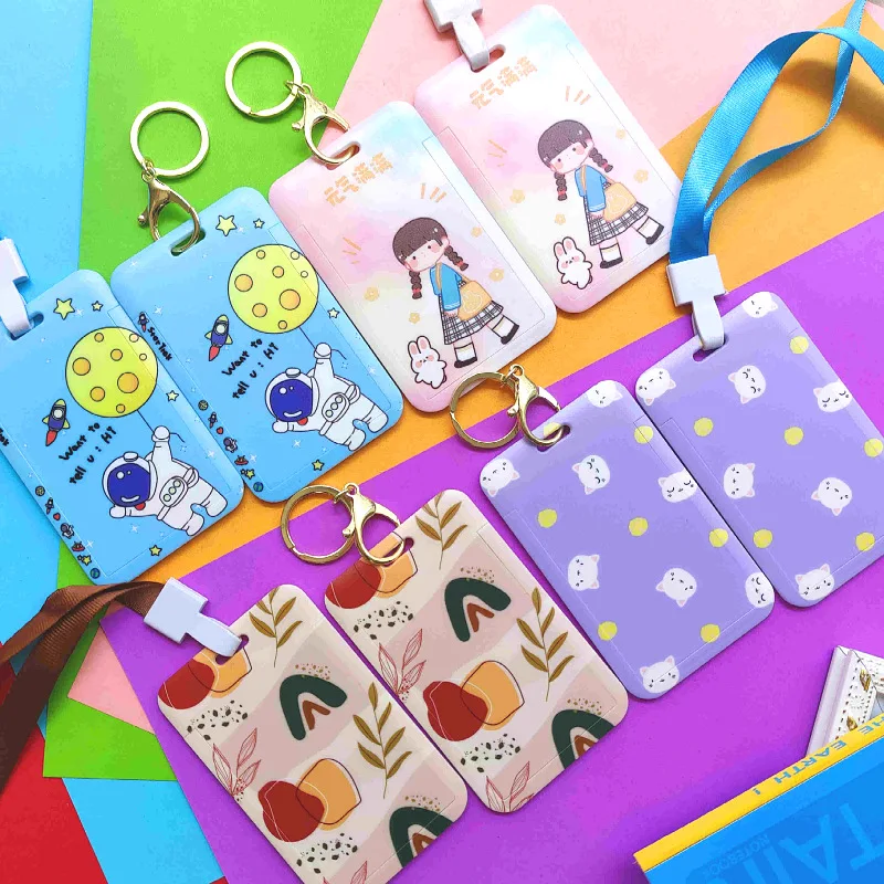 Custom company work card holder logo print plastic id card sleeve creative slide push card holder with lanyard for office