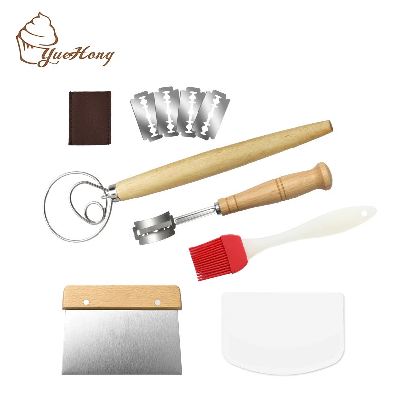Bread making tools kit, Dough Scraper, Lame Slashing Tool Set Danish Dough Whisk Mixer and Silicone Basting Brush baking