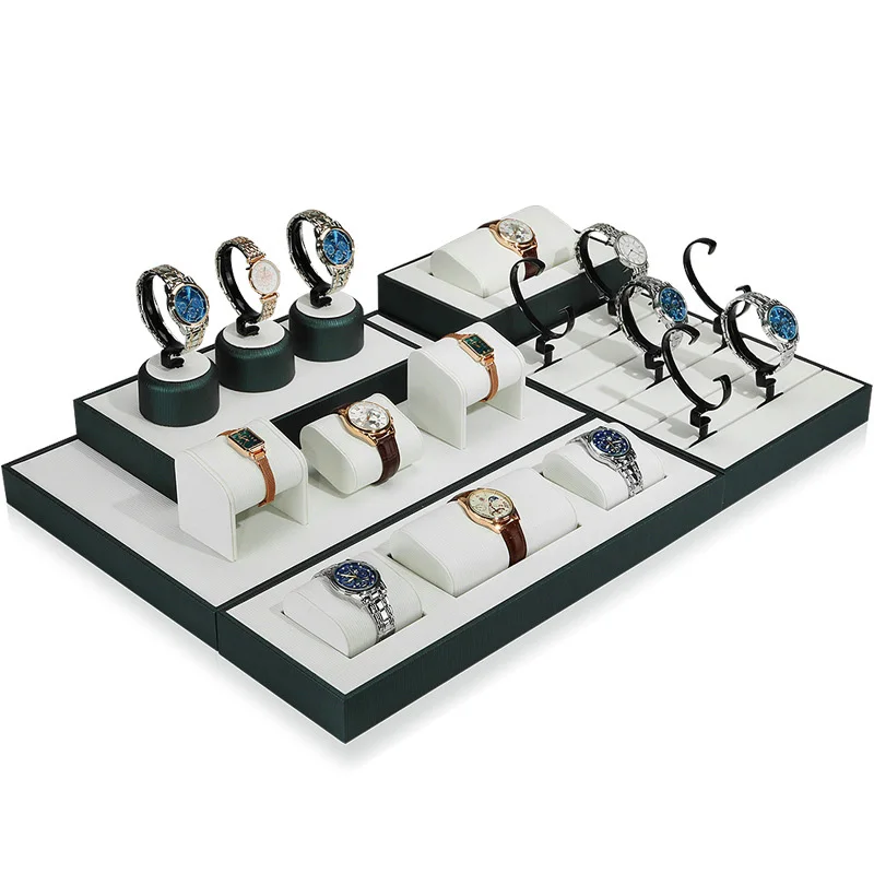 Wholesale Hot Sale black watch organizers showcase stand pu leather smart watch display tray with Acrylic hook