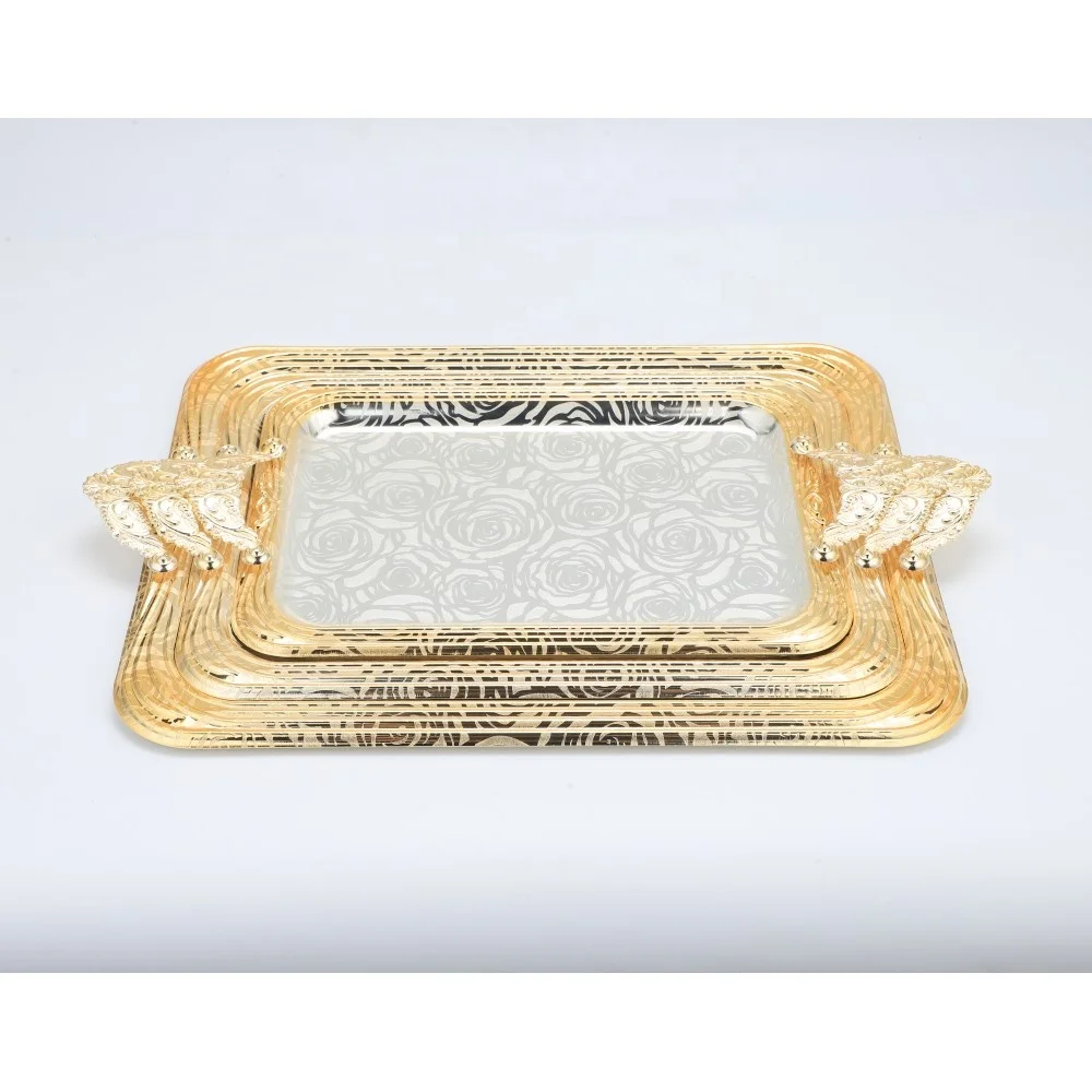 Decorative Coffee Table Home Decor Tray, Bar Metal Serving Tray, Gold Silver Turkish Tea Coffee Serving Tray Handles