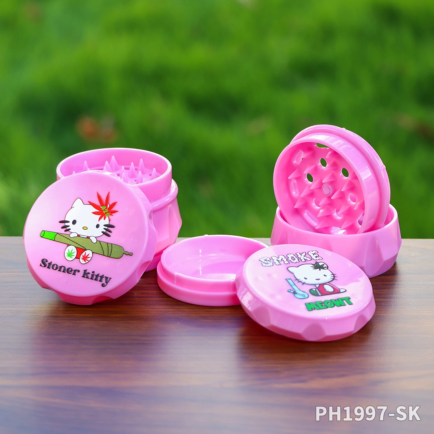 STONER KITTY Brand 60mm 4-Layer Plastic Pink Cigarette Grinder Top Cover UV Pattern Drum Shape Wholesale