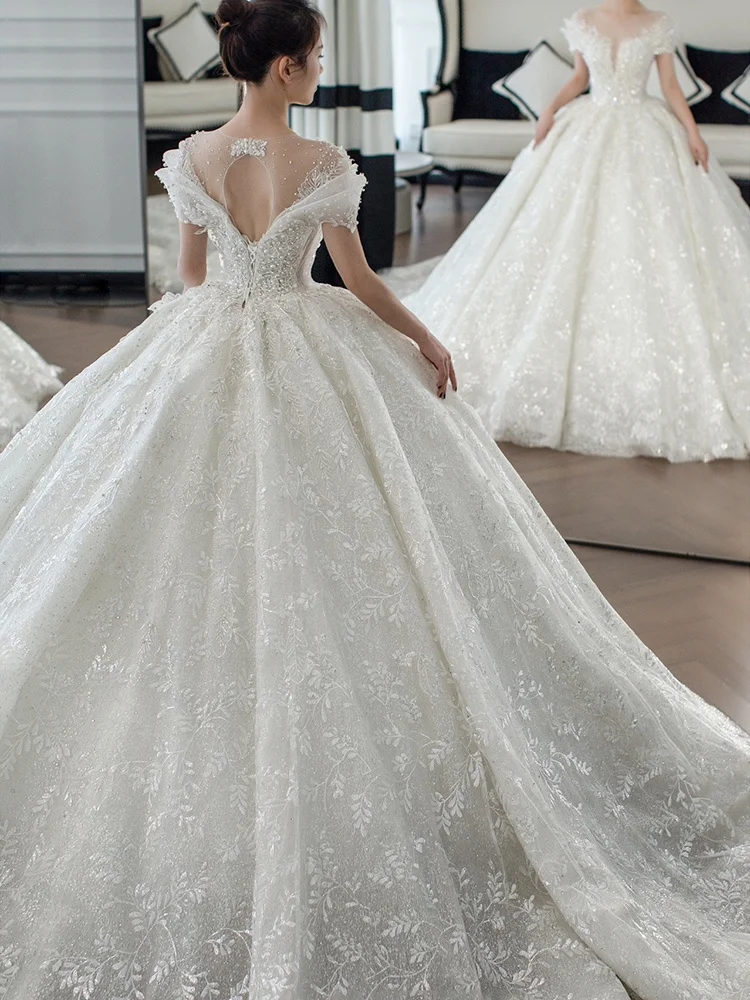 Dubai Sparkly Sexy V Neck Wedding Dresses Long Sleeve Luxury Full Beading Bridal Gowns Custom Made Vestidos De Novia