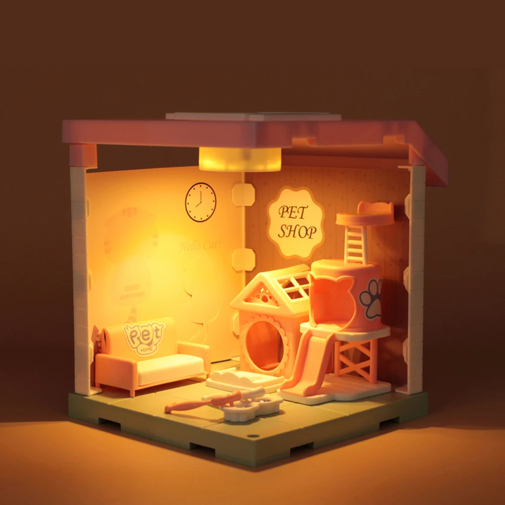 Kids Handmade Mini Dollhouse Scene Toys Paper DIY Doll Houses With Light-up Pet Store Accessories Dog