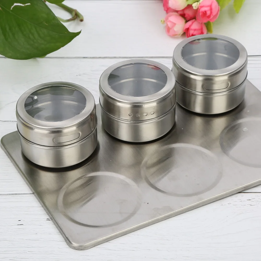 6pcs/set Magnetic Spice Jars With Wall Mounted Seasoning Box Magnetic Dustproof Visible Stainless Steel Spice Organizer Rack