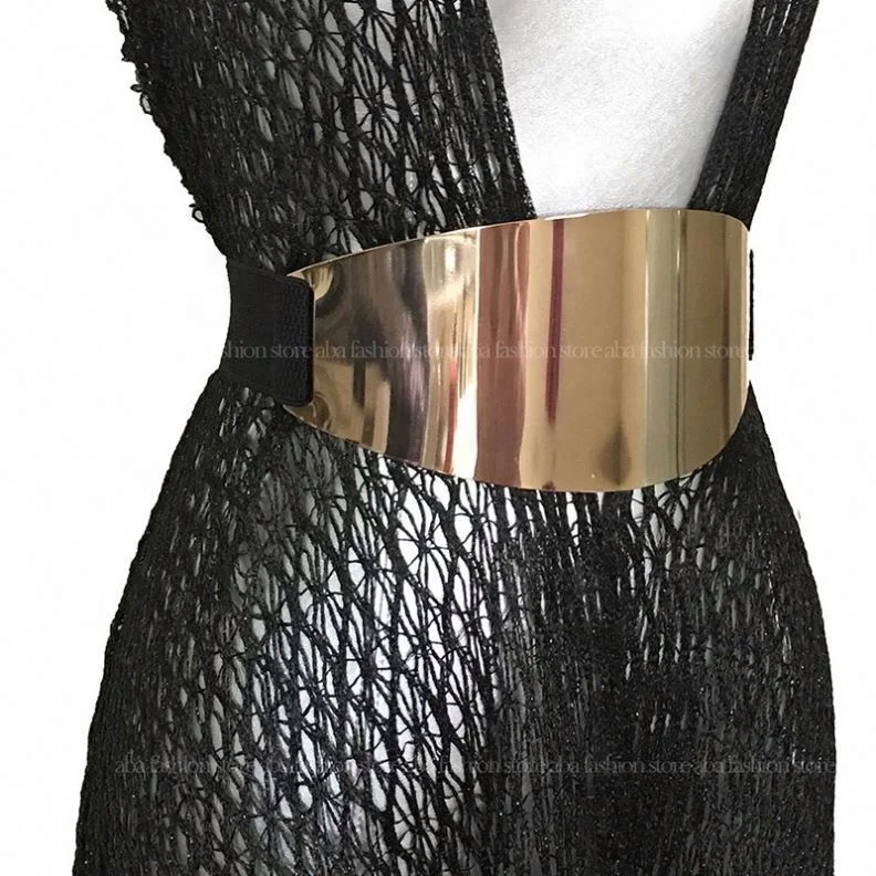
Stylish Brand BLING SHINY WOMEN WAIST WIDE OVAL GOLD METAL PLATE MIRROR ELASTIC BELT OBI & Gold 
