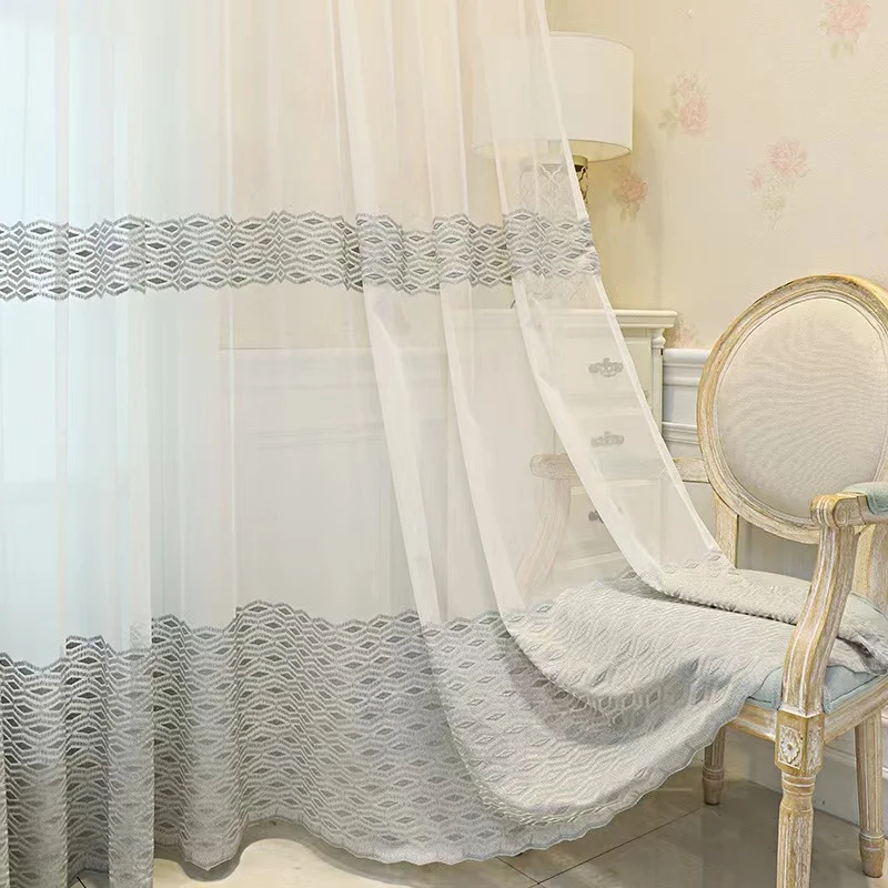 Simple and modern style printing white sheer embroidered voile curtain for bedroom living room