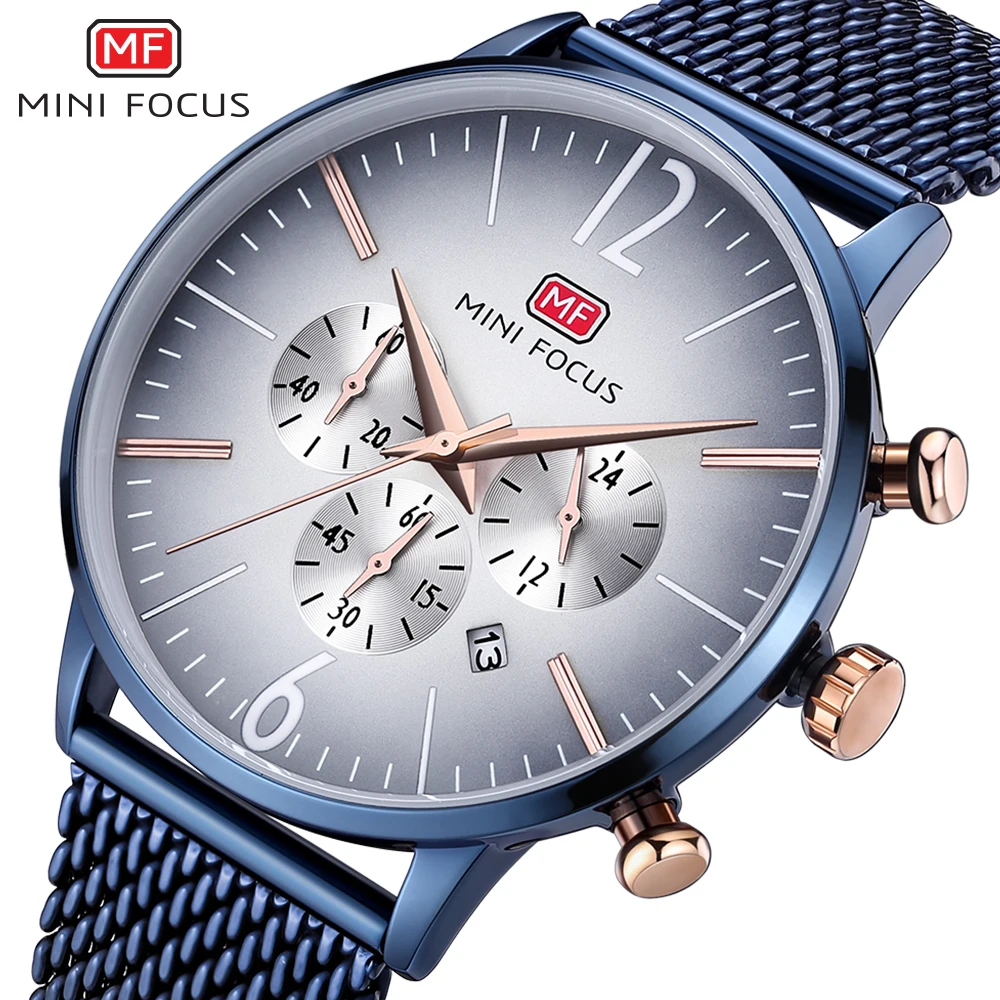 MINI FOCUS MF0114G Creative cool Watch Quartz Clock Blue Ultra Thin Mesh Strap Waterproof Chronograph Calendar vive Wristwatches