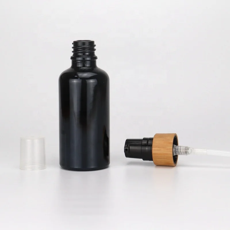 50 ml black glass bottle empty cosmetic serum bottle with bamboo pump 18/410 bamboo wooden spray