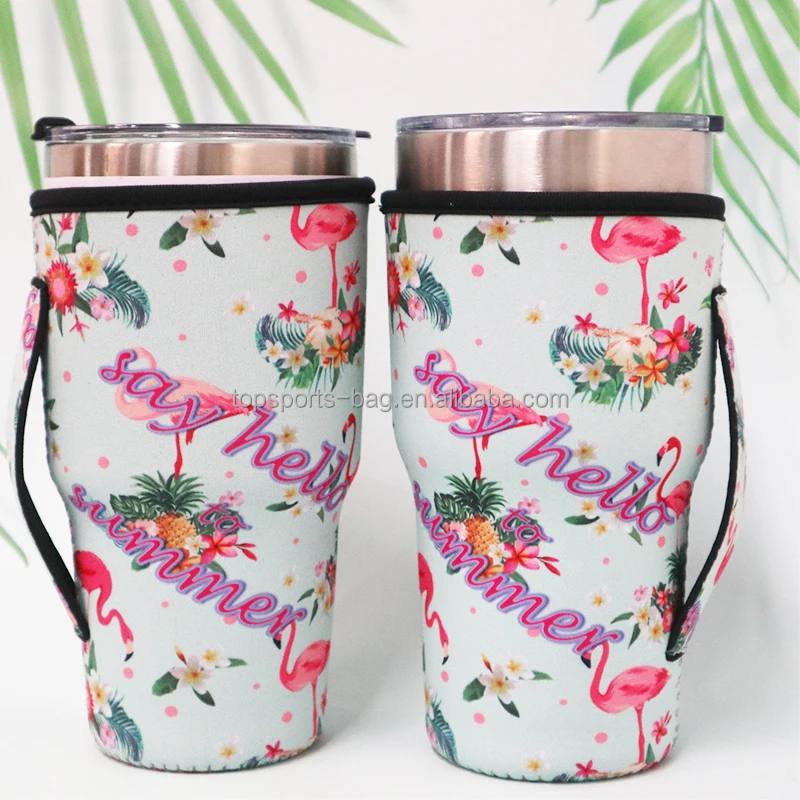 Summer Theme 30oz Neoprene Travel Mug Tumbler Holder Flamingo Iced Coffee Mug Sleeve with Handle for Girls