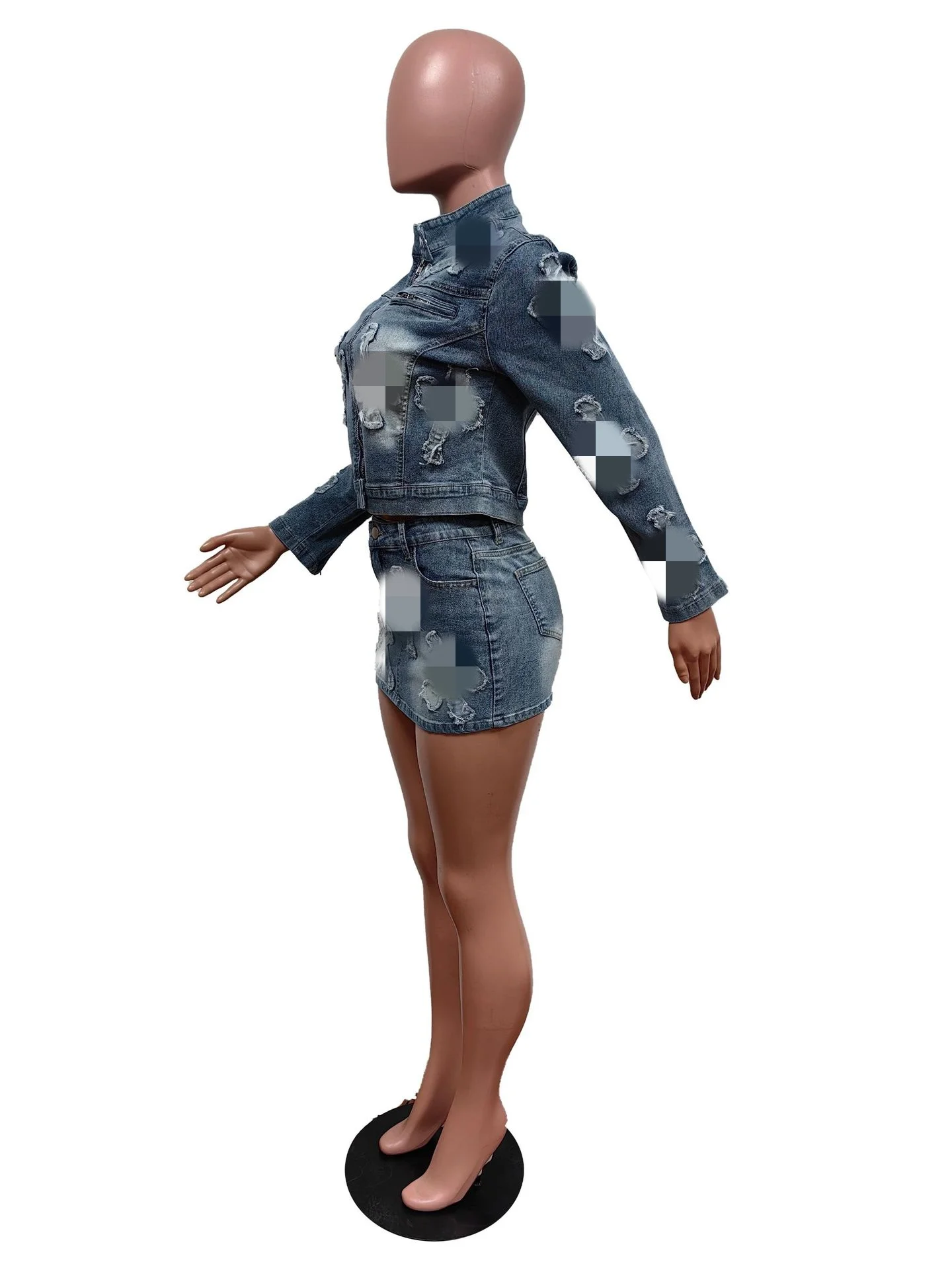 Wholesale Blue Zipper Jacket Mini Skirt Cotton Denim Set Embroidery Women Streetwear 2024 Jean Skirts Set