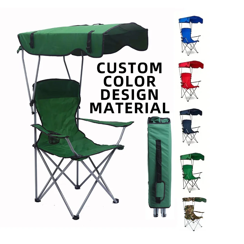 Custom Cheap Metal Foldable Camping Fishing Chair Portable Picnic Camping Folding Beach Chair With Sunshade Canopy