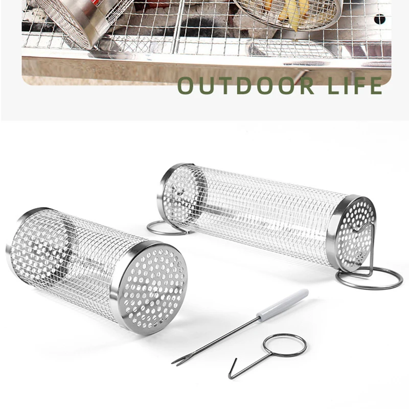 Stainless Steel Rolling Cooking Grill Grate, Outdoor Charcoal BBQ Grid, Round Grilling Basket with Removable Mesh Cover