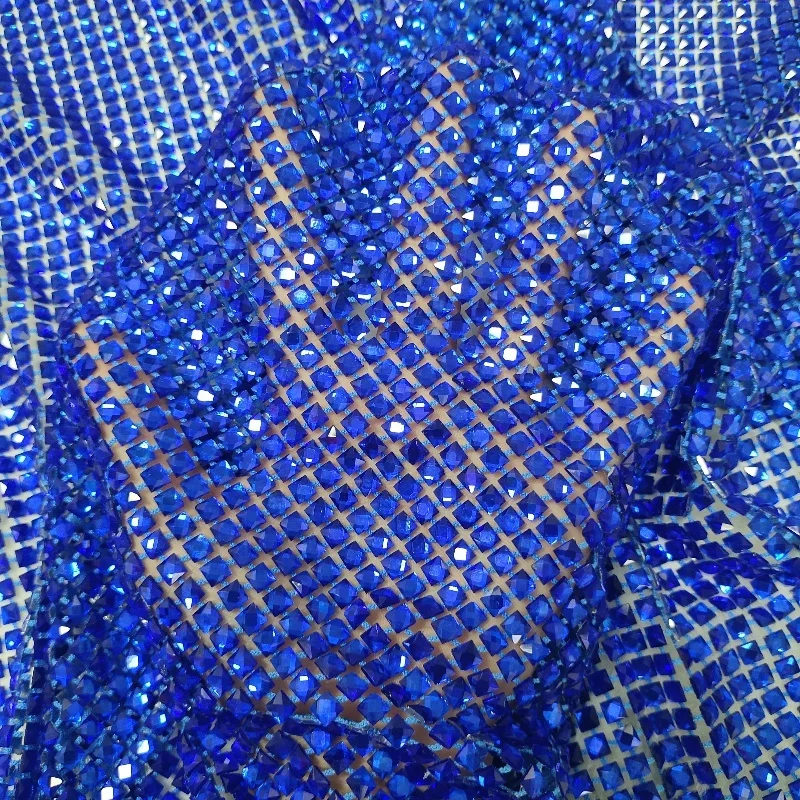 Hot Selling Wholesale Sapphire Blue Crystal 6*6 Square Rhinestone Elastic Mesh for Long Sleeves Garment