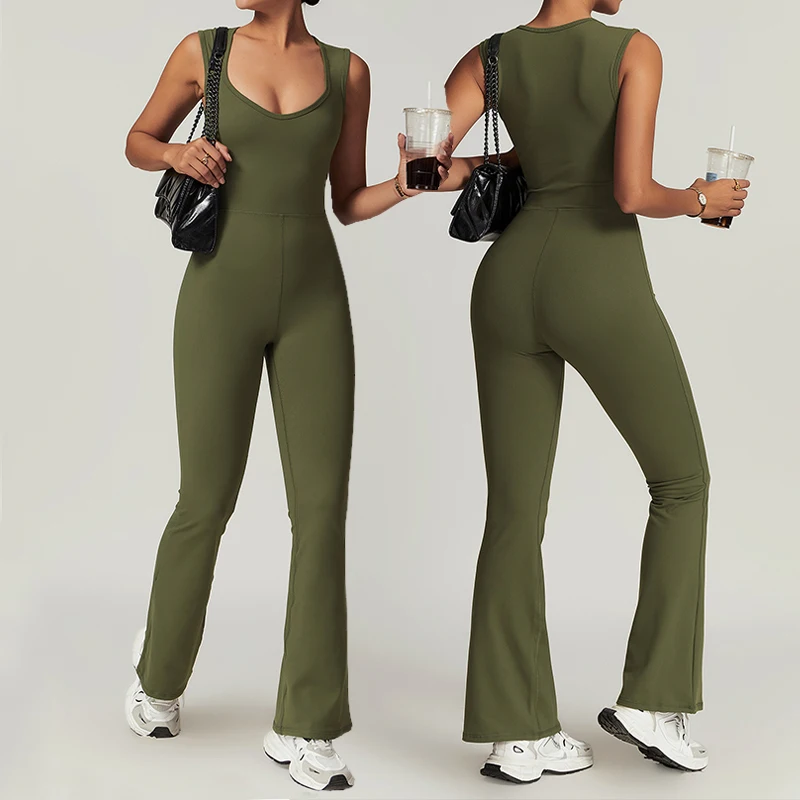 New Womens One Pieces Gym Sets Activewear Tight Sports Yoga Jumpsuit Casual Flared Pants Fitness Wear Stretch Workout Bodysuits